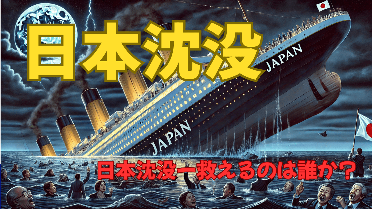 日本を象徴する巨大な豪華客船が、傾きながら沈んでいく。上層部では政治家やエリートが笑い、海に落ちた国民が必死に助けを求める。嵐の中、雷が光り、日本の危機を表現。